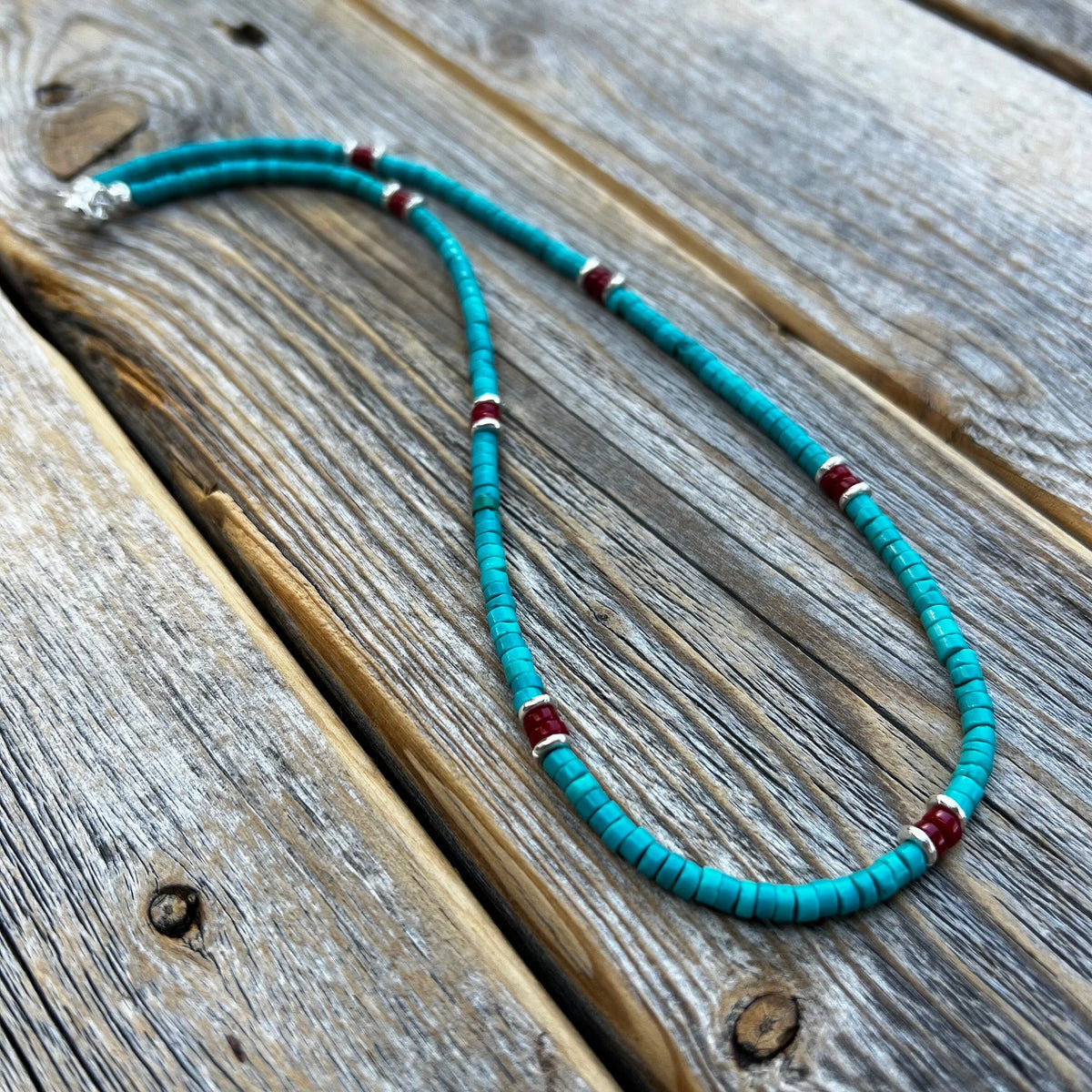 Turquoise and Coral Heishi Necklace – Sterling Silver Accents