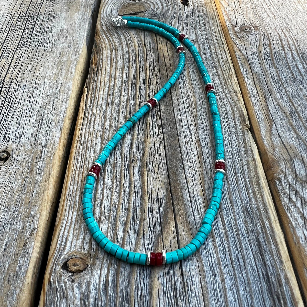 Turquoise and Coral Heishi Necklace – Sterling Silver Accents