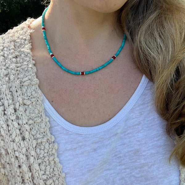 Turquoise and Coral Heishi Necklace: Sterling Silver Boho Jewelry