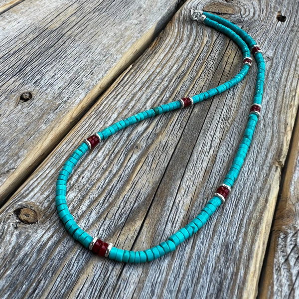 Turquoise and Coral Heishi Necklace: Sterling Silver Boho Jewelry
