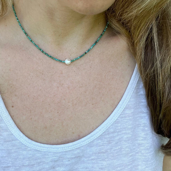 Turquoise and Pearl Necklace, Dainty Choker, Gifts for Her, Handmade Jewelry