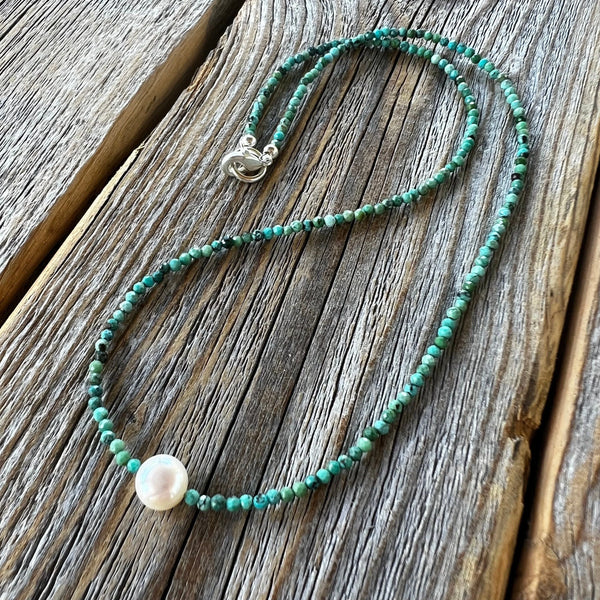 Turquoise and Pearl Necklace, Dainty Choker, Gifts for Her, Handmade Jewelry