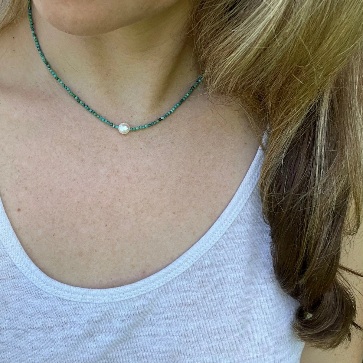Turquoise and Pearl Necklace, Dainty Choker, Gifts for Her, Handmade Jewelry