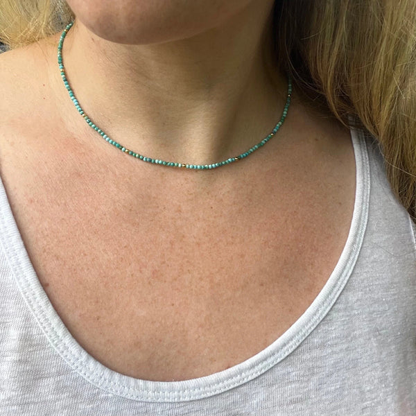 Turquoise Beaded Choker Necklace, 10K Gold Plated Clasp