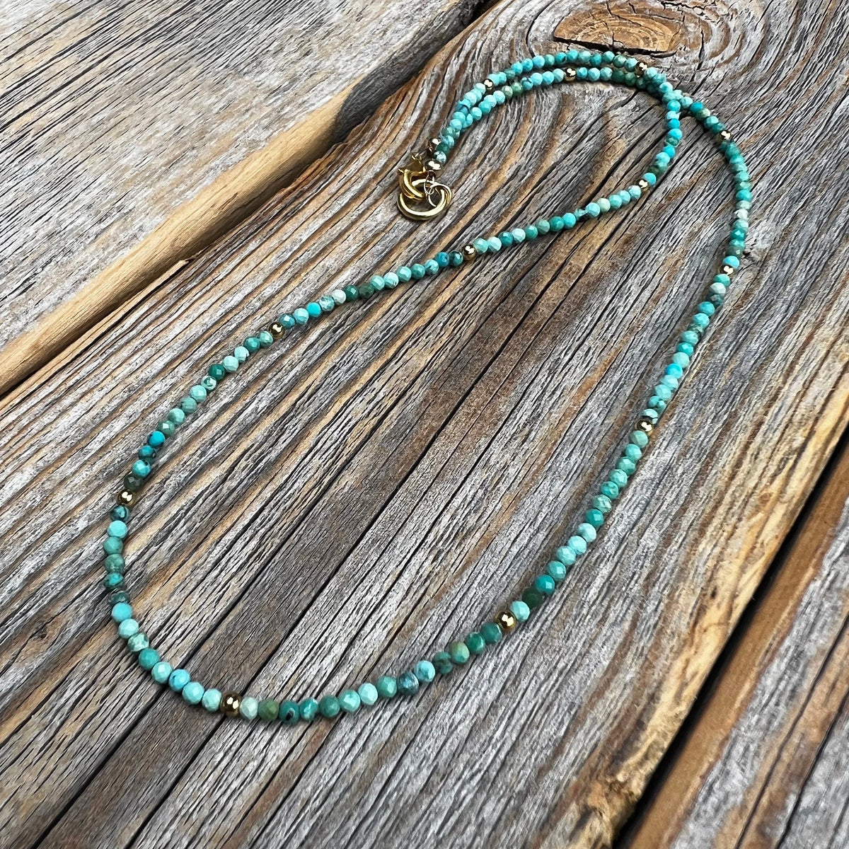 Turquoise Beaded Choker Necklace, 10K Gold Plated Clasp