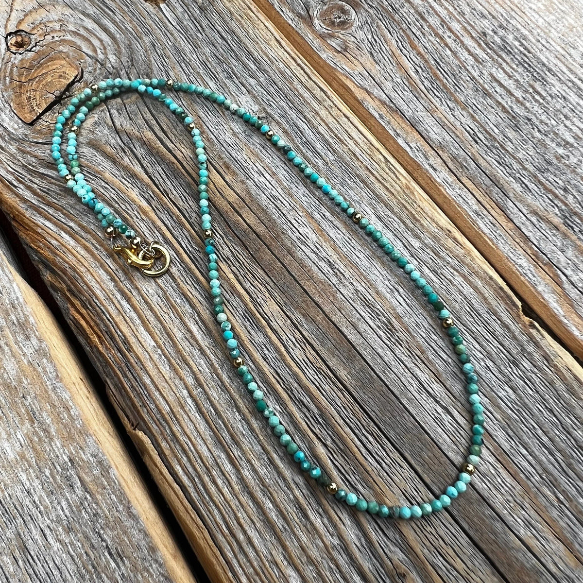 Turquoise Beaded Choker Necklace, 10K Gold Plated Clasp