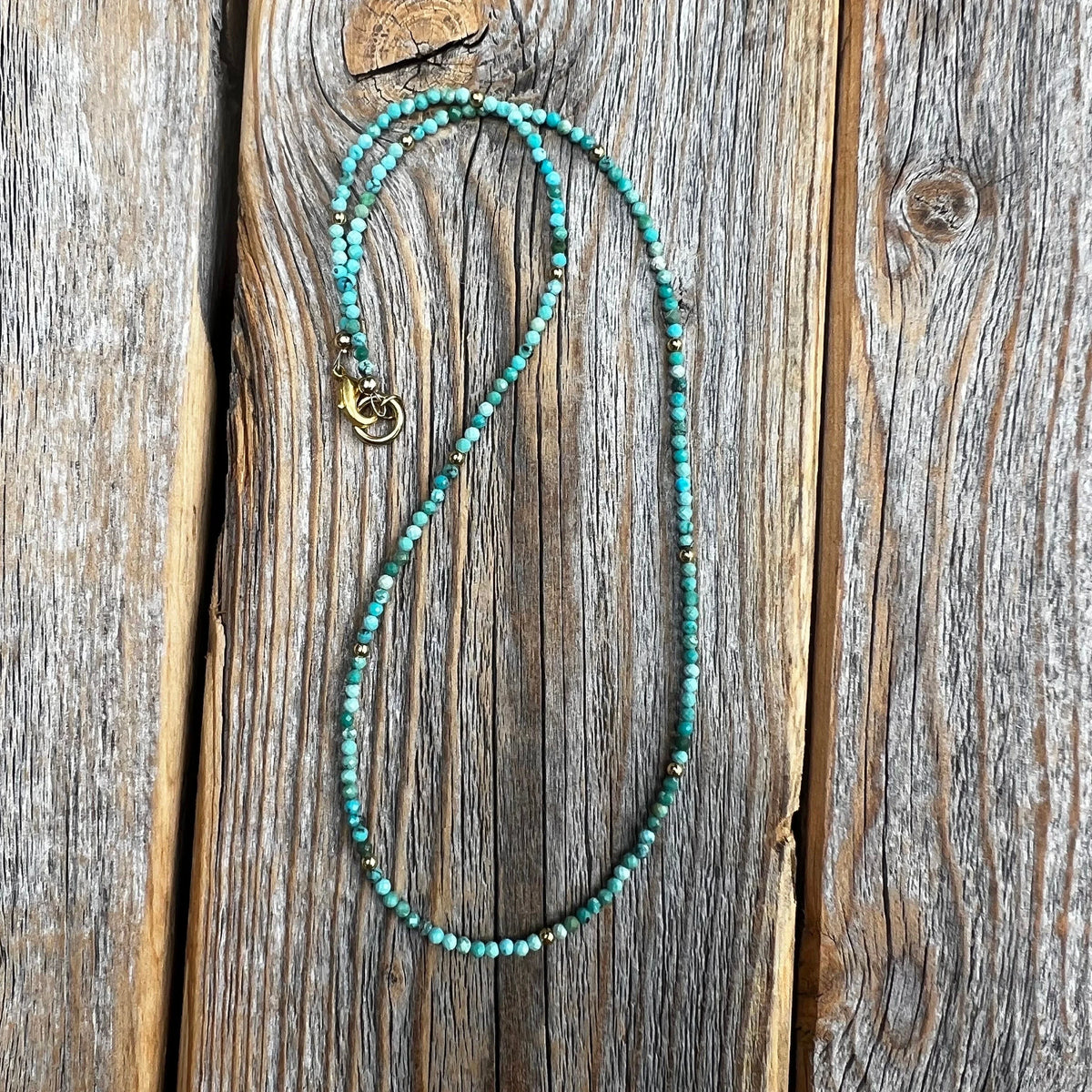 Turquoise Beaded Choker Necklace, 10K Gold Plated Clasp