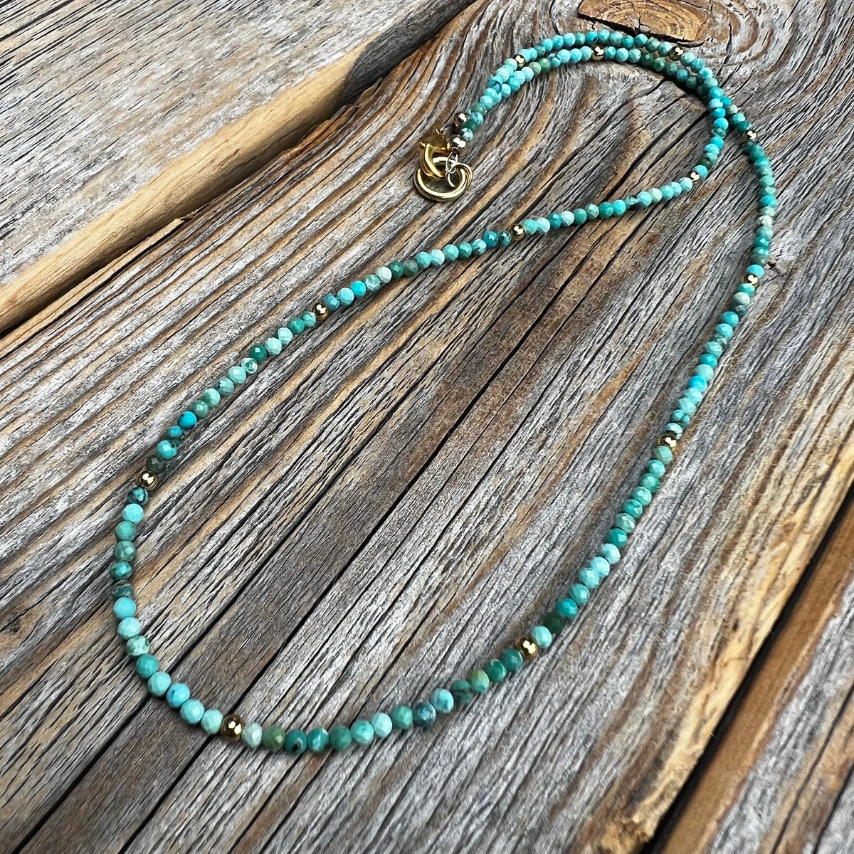 Turquoise Beaded Choker Necklace, 10K Gold Plated Clasp