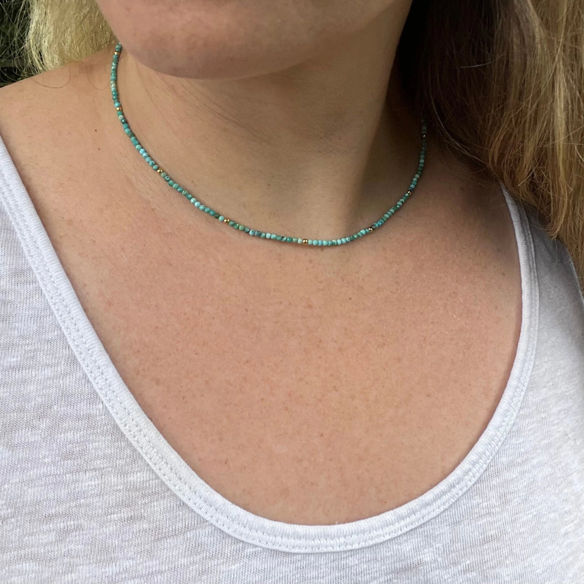 Turquoise Beaded Choker Necklace, 10K Gold Plated Clasp