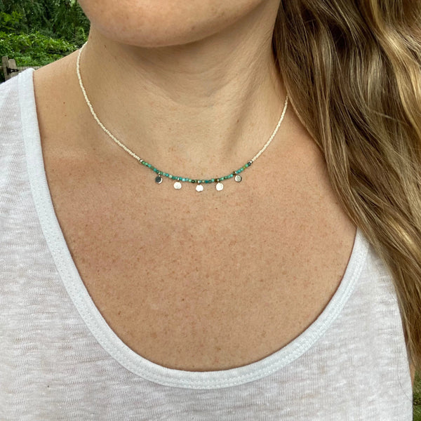 Turquoise Beaded Choker Necklace, Dainty Layering Necklace, Boho Sterling Silver Jewelry