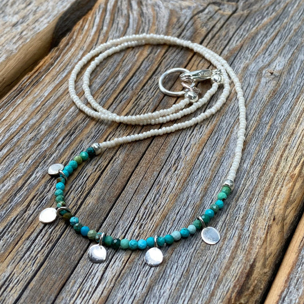 Turquoise Beaded Choker Necklace, Dainty Layering Necklace, Boho Sterling Silver Jewelry