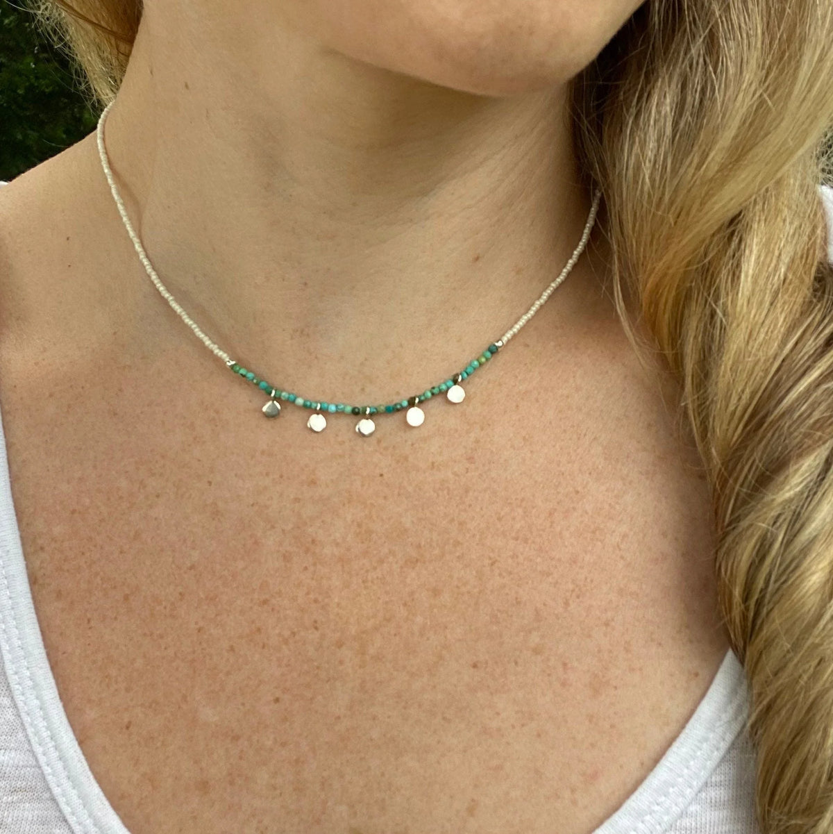 Turquoise Beaded Choker Necklace, Dainty Layering Necklace, Boho Sterling Silver Jewelry