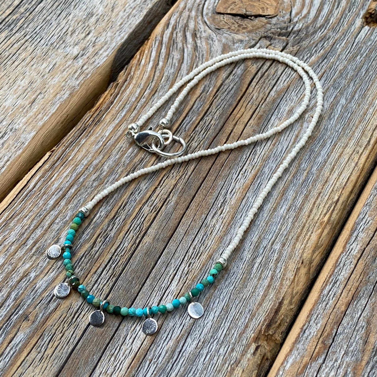 Turquoise Beaded Choker Necklace, Dainty Layering Necklace, Boho Sterling Silver Jewelry