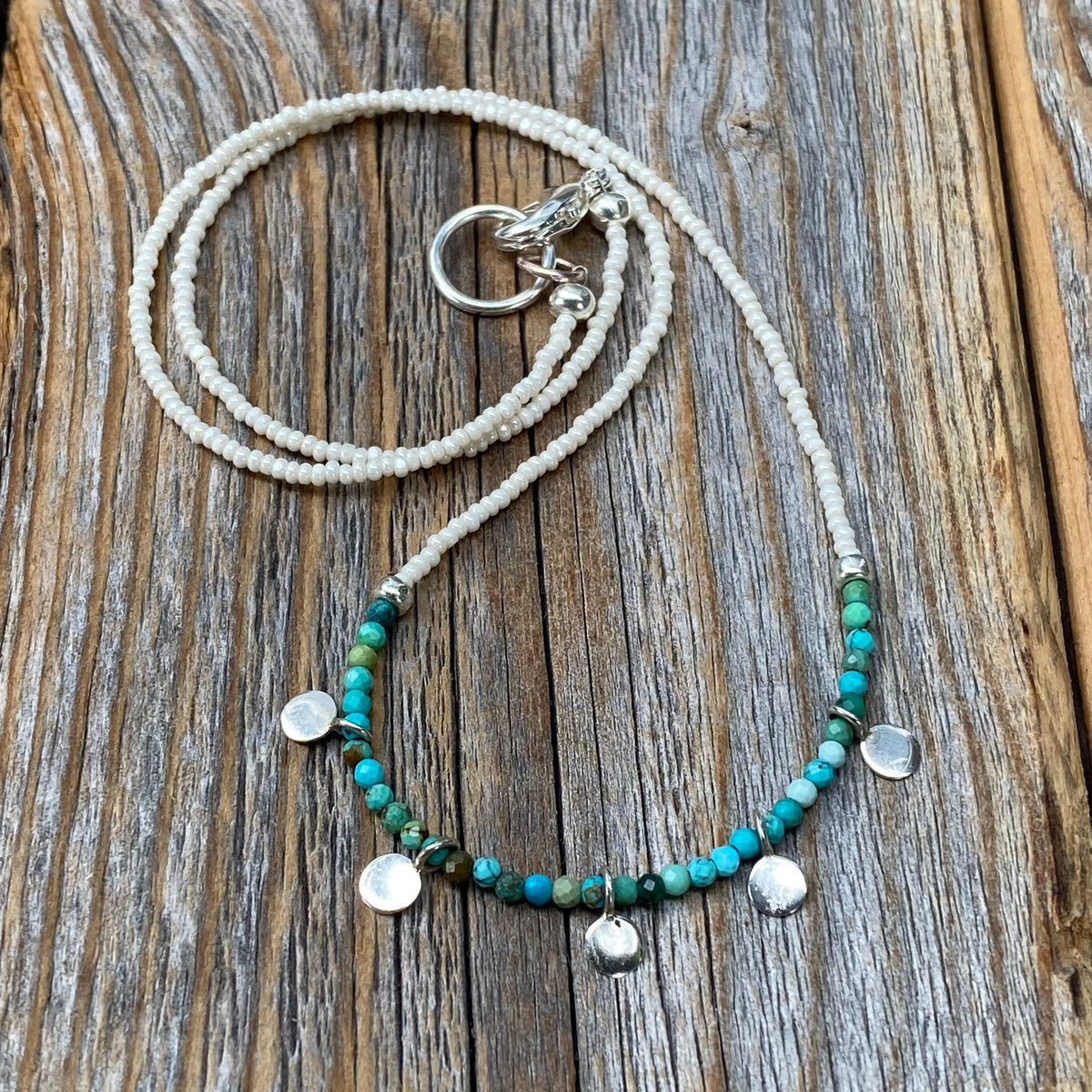Turquoise Beaded Choker Necklace, Dainty Layering Necklace, Boho Sterling Silver Jewelry
