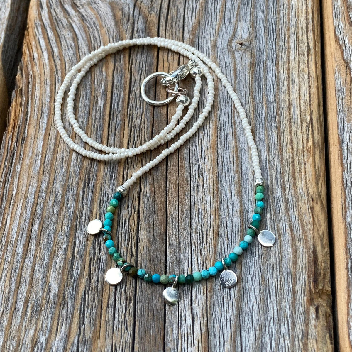 Turquoise Beaded Choker Necklace, Dainty Layering Necklace, Boho Sterling Silver Jewelry