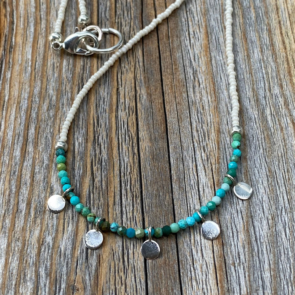 Turquoise Beaded Choker Necklace, Dainty Layering Necklace, Boho Sterling Silver Jewelry