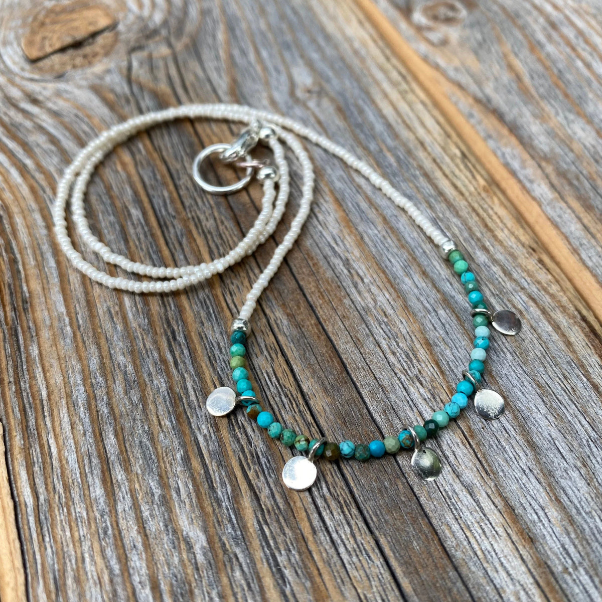 Turquoise Beaded Choker Necklace, Dainty Layering Necklace, Boho Sterling Silver Jewelry