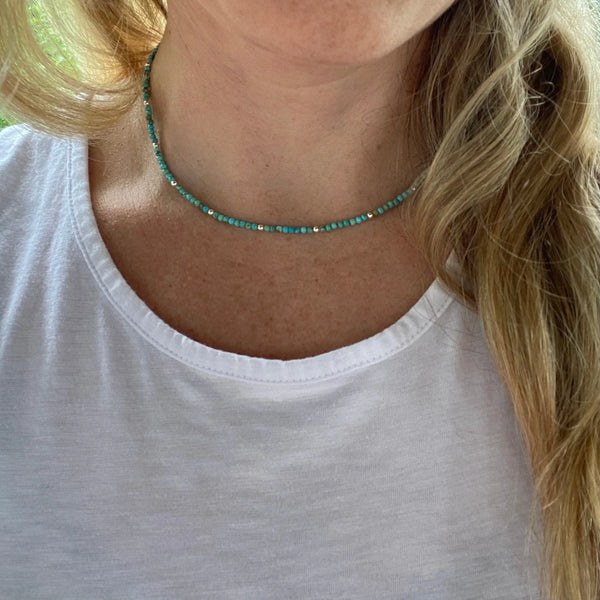 Turquoise Beaded Choker Necklace, Sterling Silver Plated Clasp