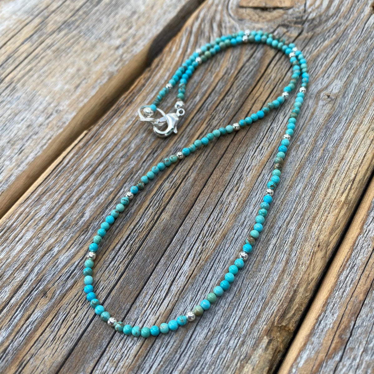 Turquoise Beaded Choker Necklace, Sterling Silver Plated Clasp