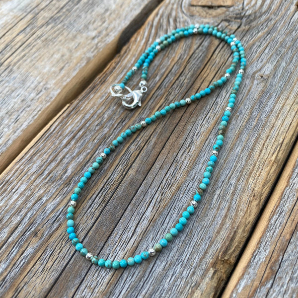 Turquoise Beaded Choker Necklace, Sterling Silver Plated Clasp
