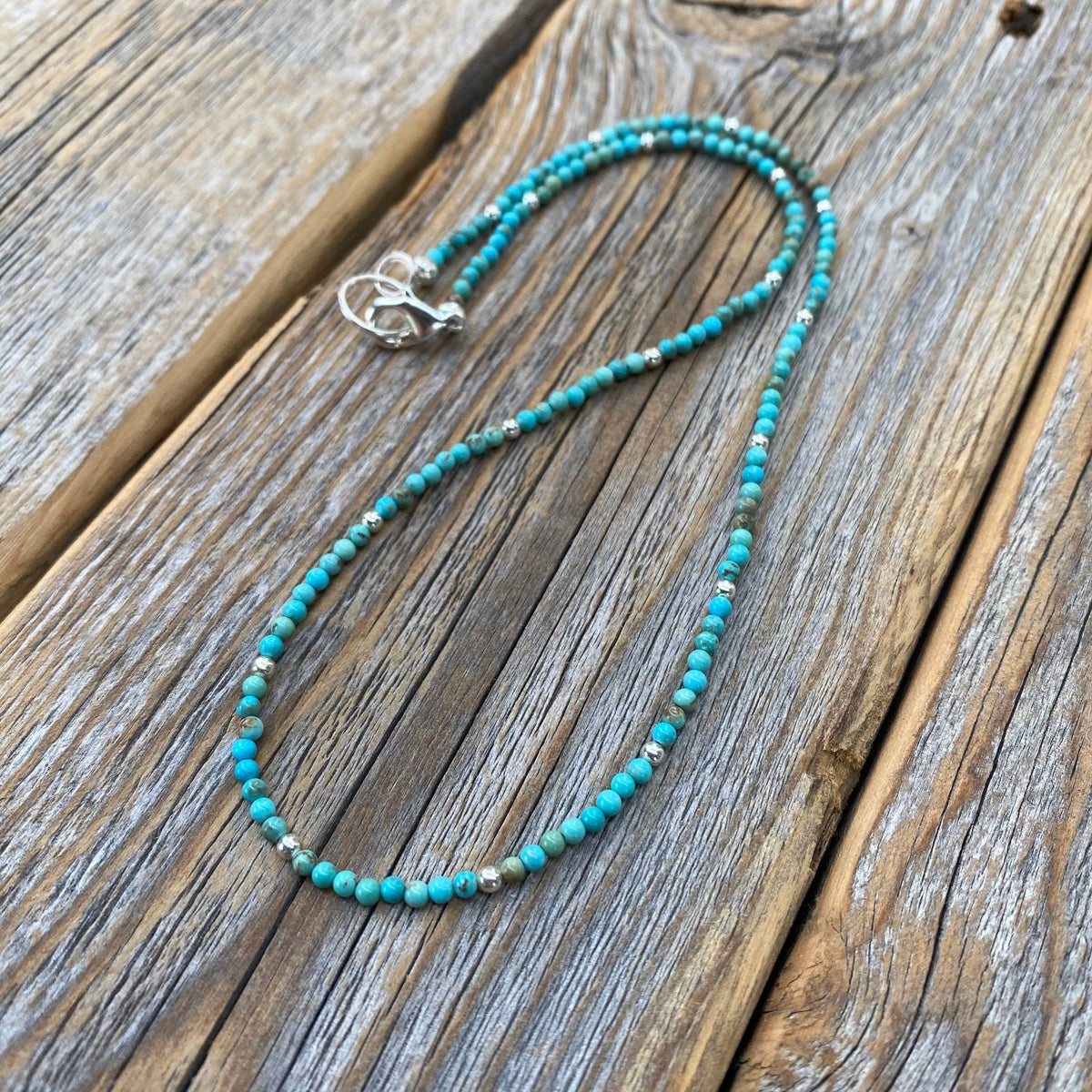 Turquoise Beaded Choker Necklace, Sterling Silver Plated Clasp