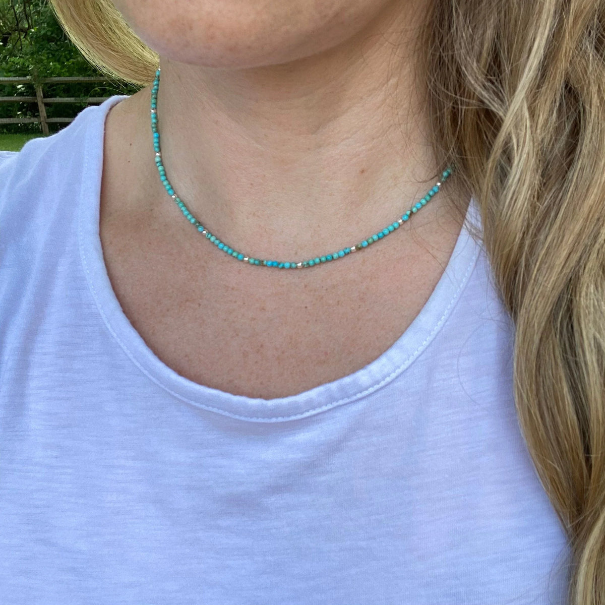 Turquoise Beaded Choker Necklace, Sterling Silver Plated Clasp