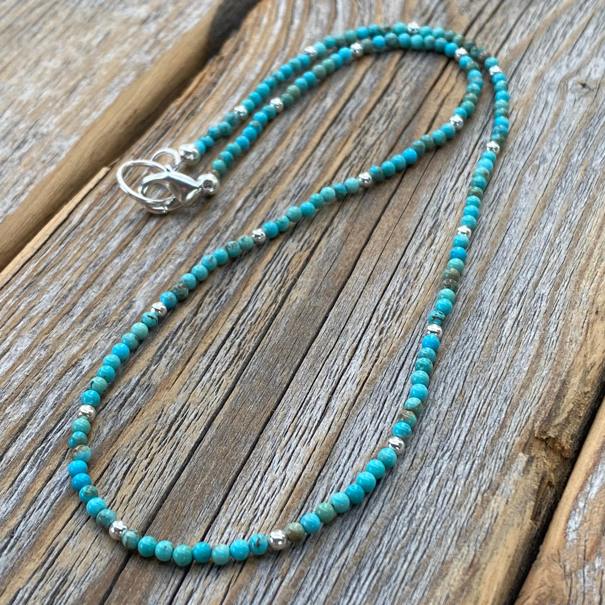 Turquoise Beaded Choker Necklace, Sterling Silver Plated Clasp