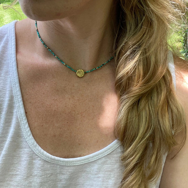 Turquoise Beaded Necklace, Gold Pendant, Adjustable Boho Jewelry