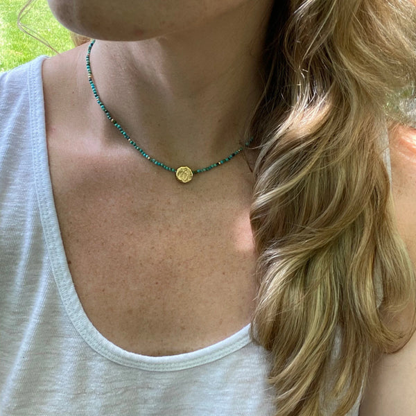 Turquoise Beaded Necklace, Gold Pendant, Adjustable Boho Jewelry