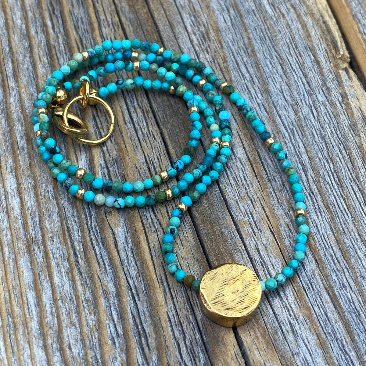 Turquoise Beaded Necklace, Gold Pendant, Adjustable Boho Jewelry