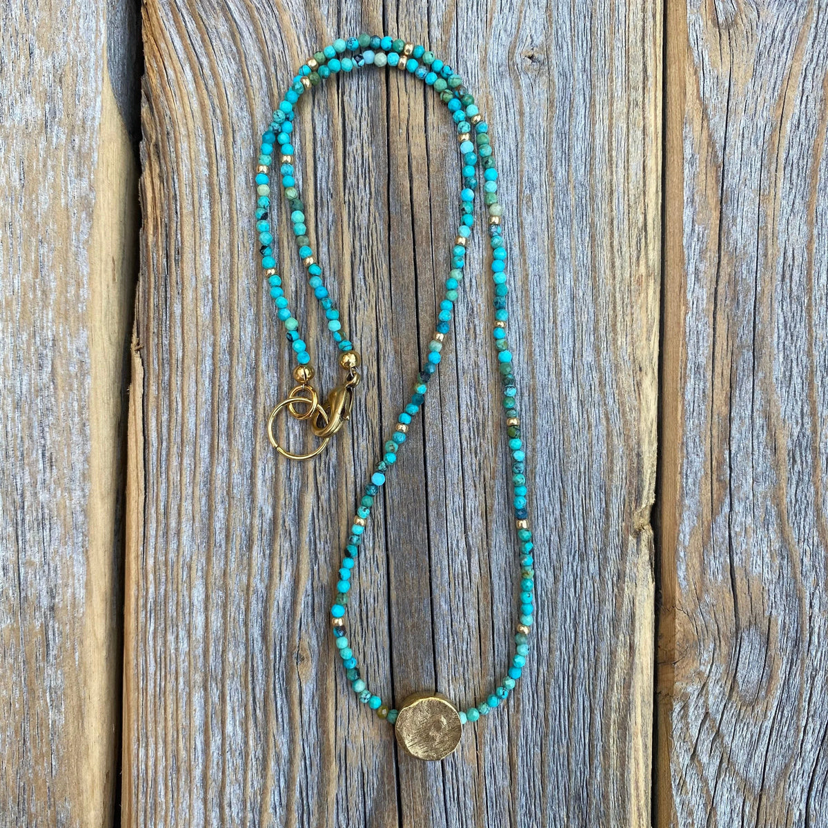 Turquoise Beaded Necklace, Gold Pendant, Adjustable Boho Jewelry