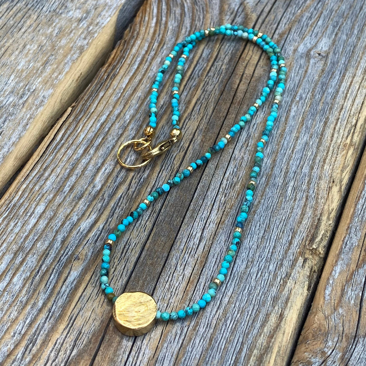 Turquoise Beaded Necklace, Gold Pendant, Adjustable Boho Jewelry
