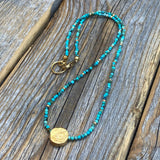 Turquoise Beaded Necklace, Gold Pendant, Adjustable Boho Jewelry
