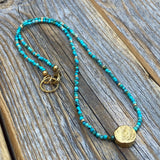 Turquoise Beaded Necklace, Gold Pendant, Adjustable Boho Jewelry