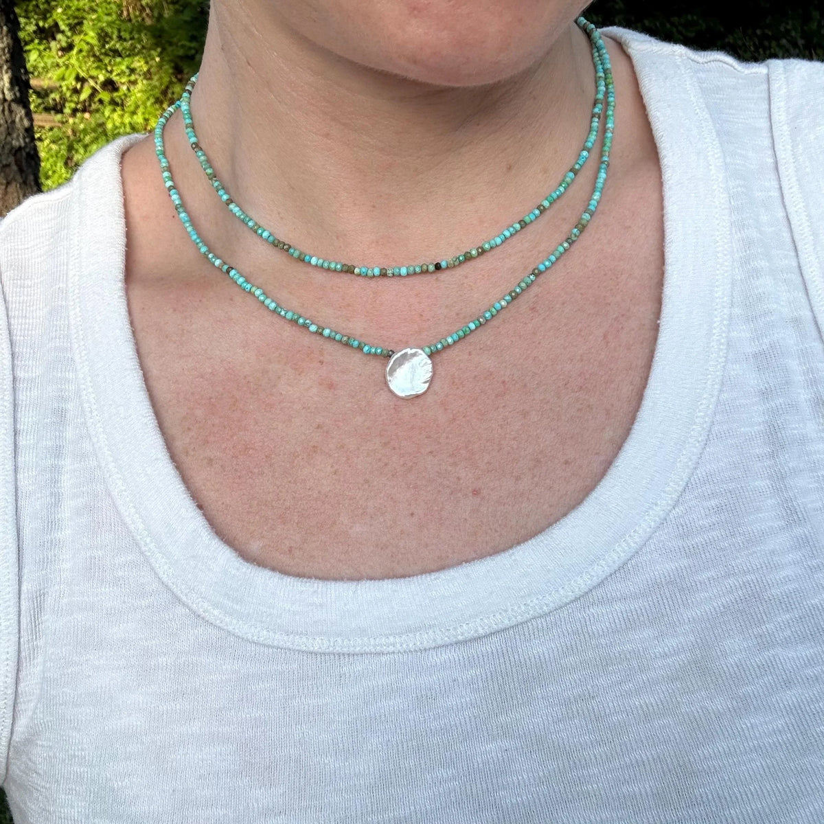 Turquoise Beaded Necklace with Sterling Silver Coin Pendant, Layering Necklace
