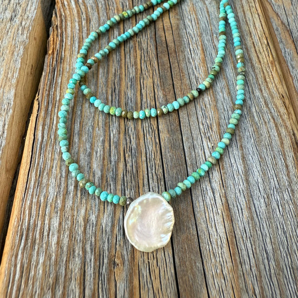 Turquoise Beaded Necklace with Sterling Silver Coin Pendant, Layering Necklace