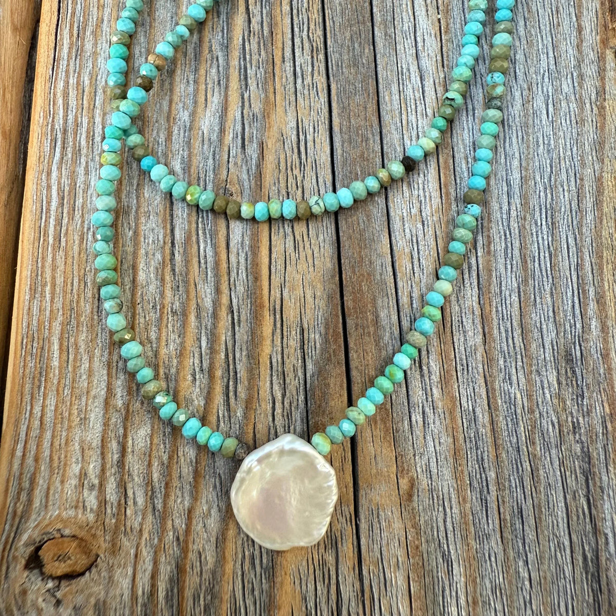 Turquoise Beaded Necklace with Sterling Silver Coin Pendant, Layering Necklace