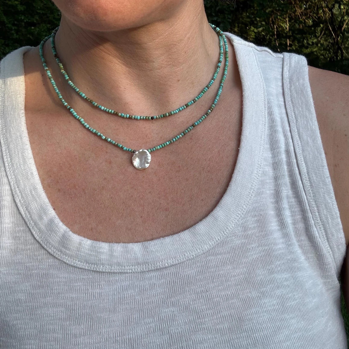 Turquoise Beaded Necklace with Sterling Silver Coin Pendant, Layering Necklace