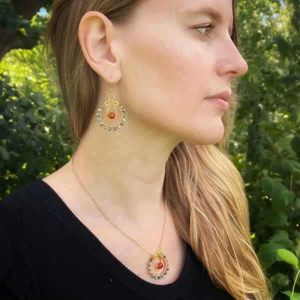 Turquoise Carnelian Beaded Hoop Earrings, Copper Wire Wrapped