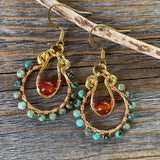 Turquoise Carnelian Beaded Hoop Earrings, Copper Wire Wrapped