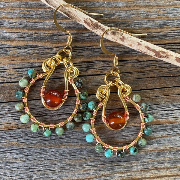 Turquoise Carnelian Beaded Hoop Earrings, Copper Wire Wrapped
