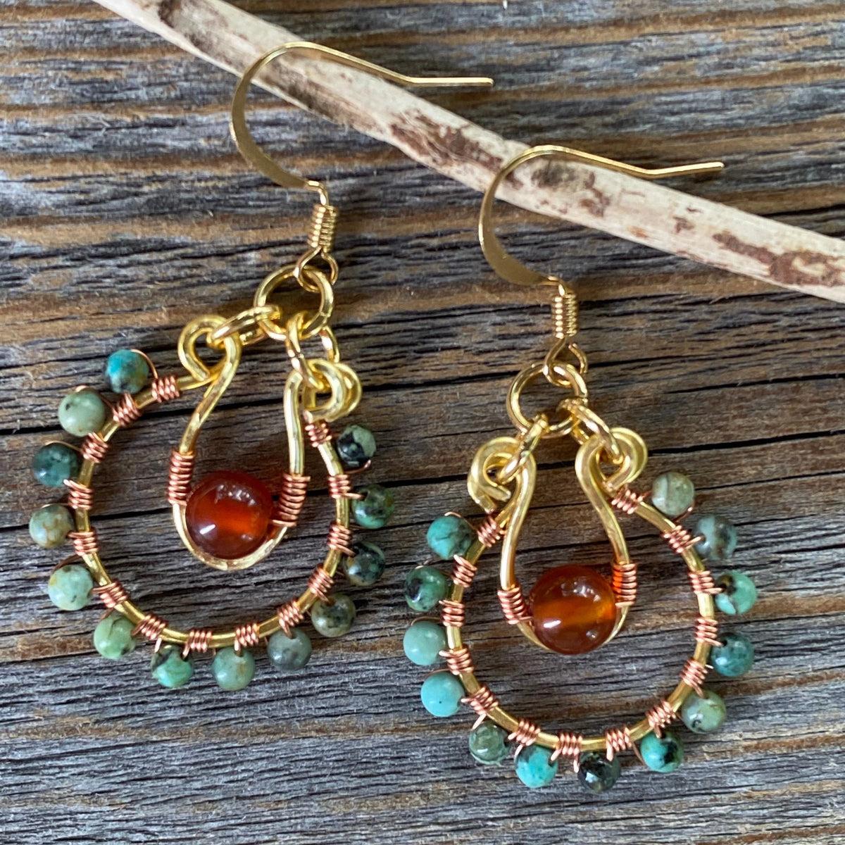 Turquoise Carnelian Beaded Hoop Earrings, Copper Wire Wrapped