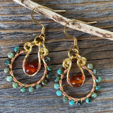 Turquoise Carnelian Beaded Hoop Earrings, Copper Wire Wrapped
