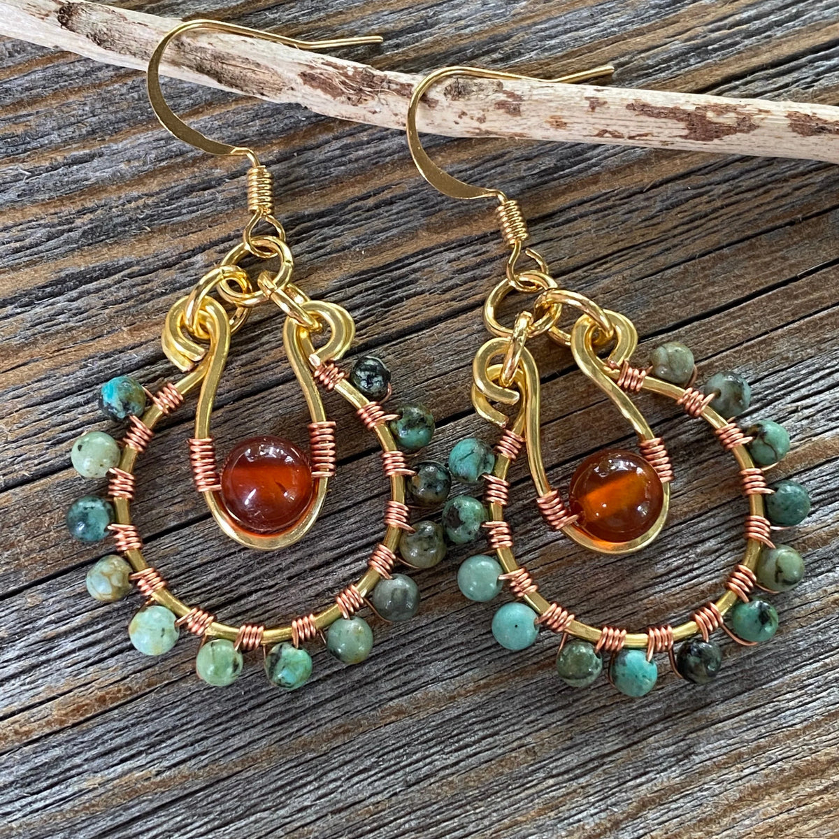 Turquoise Carnelian Beaded Hoop Earrings, Copper Wire Wrapped