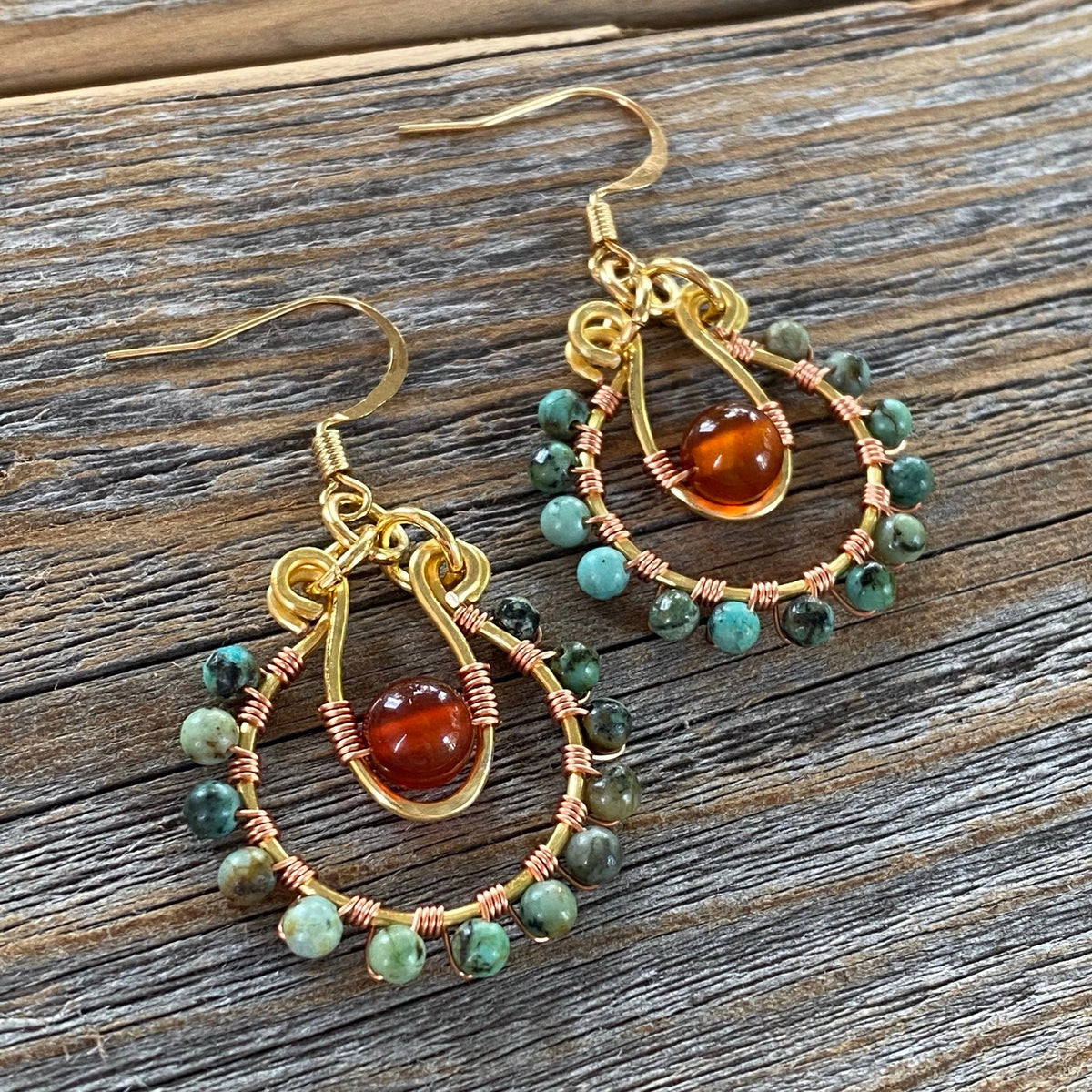 Turquoise Carnelian Beaded Hoop Earrings, Copper Wire Wrapped