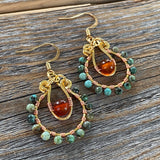 Turquoise Carnelian Beaded Hoop Earrings, Copper Wire Wrapped