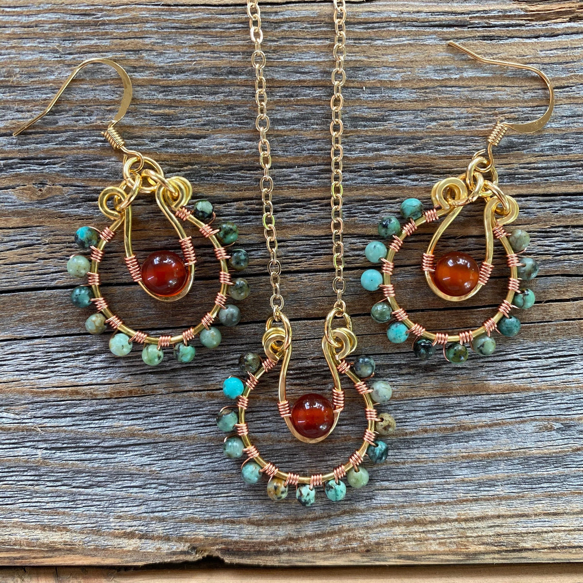 Turquoise Carnelian Beaded Hoop Earrings, Copper Wire Wrapped