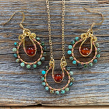 Turquoise Carnelian Beaded Hoop Earrings, Copper Wire Wrapped