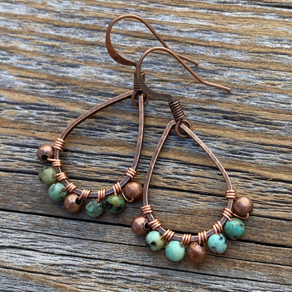 Turquoise Copper Teardrop Earrings – Boho Wire Wrapped Jewelry