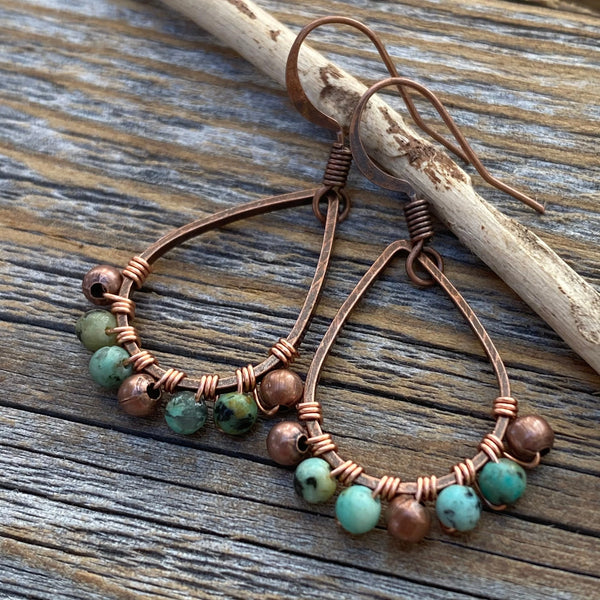 Turquoise Copper Teardrop Earrings – Boho Wire Wrapped Jewelry